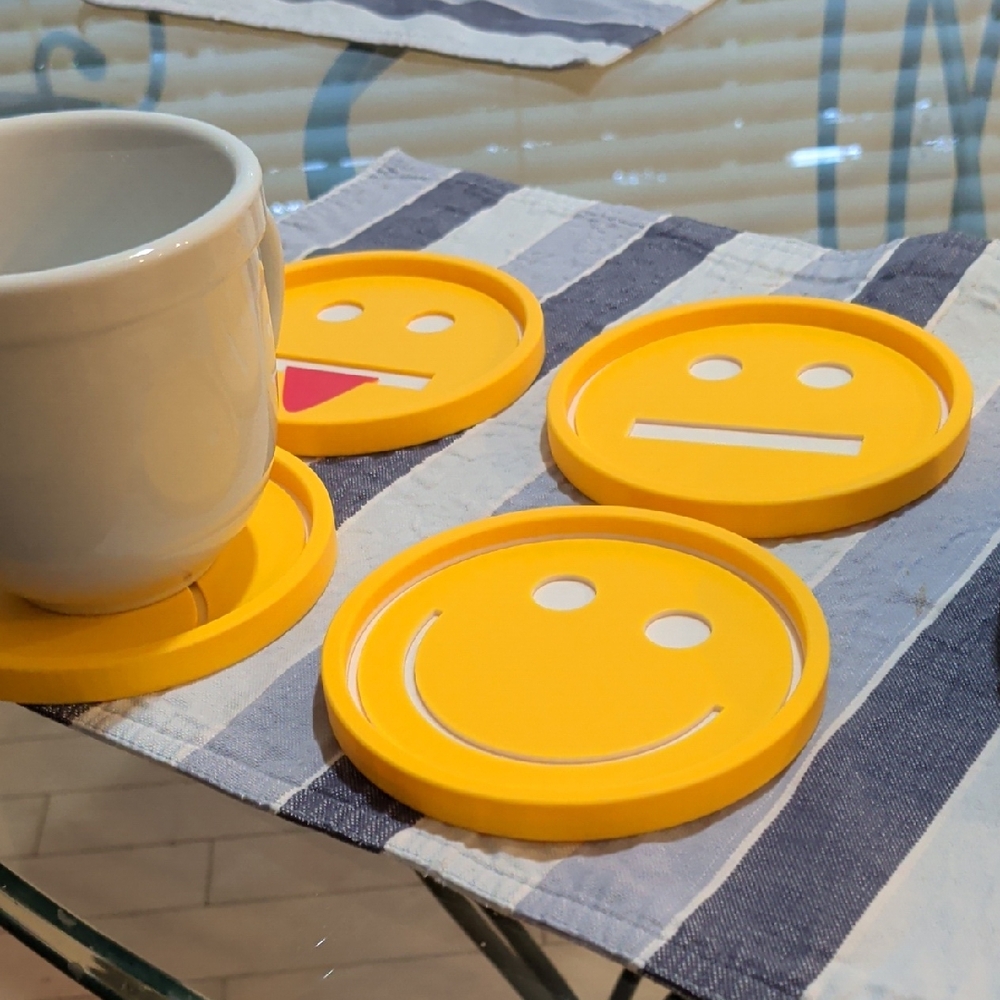 Set of Handmade 3d Printed Yellow Emoji Coasters W/Customizable Case
